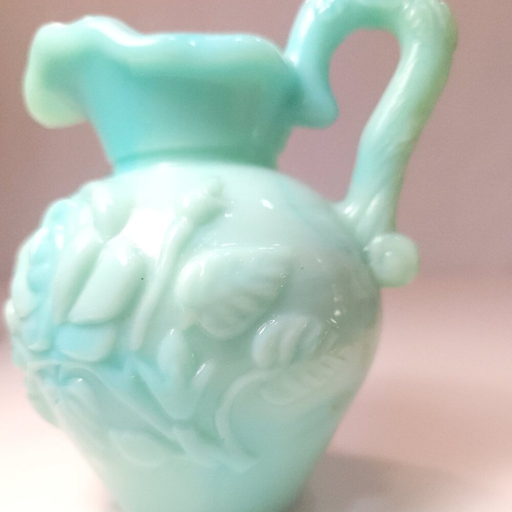 Vintage 1971 Avon Victoriana Green Slag Glass Rose Pitcher - Jadeite Style 4.5"